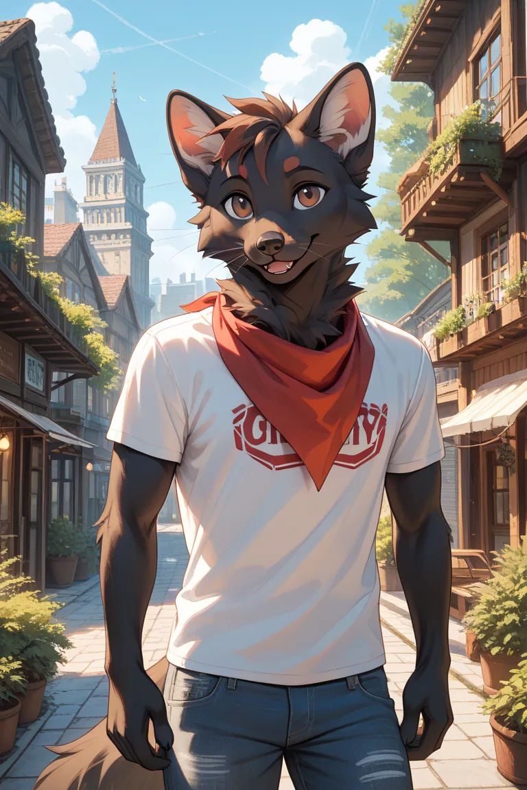 SFW, safe, Furry art, solo, full body image, standing up, furry pine marten, pine marten face features, male, male anatomy, lean physique, fluffy yet controlled fur, pine marten fur, wearing a white t-shirt, crimson bandana wrapped around neck, charcoal de...