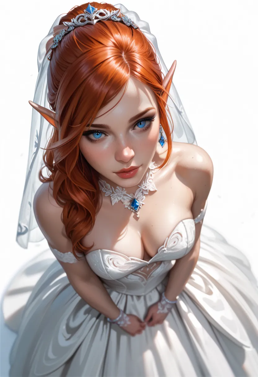 top view, top view, from above, full view of the character, full view of the character, realistic, rpg, dnd token, fantasy, a female elf (pale skin) with long redhead hair and blue eyes, wearing a sexy white slit wedding dress, standing, character looking ...