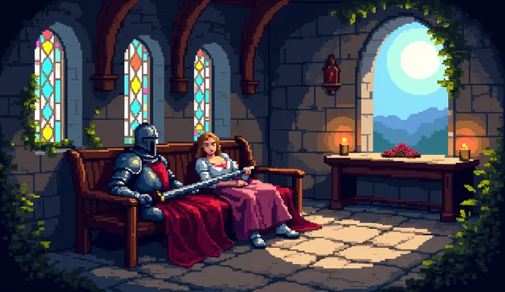 A highly detailed pixel art scene of a medieval knight lying on an old wooden pew inside a ruined chapel, his hands resting over the hilt of his greatsword. His armor is covered in dust, and his crimson tabard is torn at the edges. Opposite him, a cleric c...