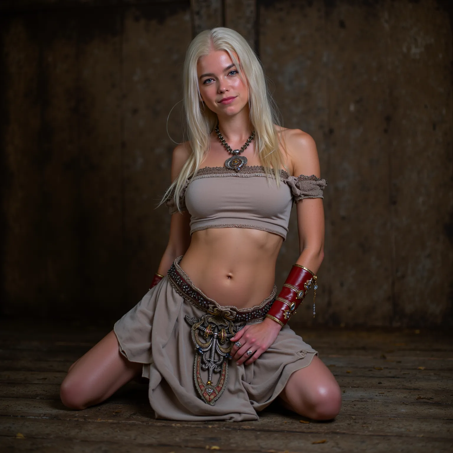 Professional photo of  Rainyra Targrien wearing a light medieval skirt , Topike .  open belly , open shoulders , Open legs.  stockings. Rainier is on all fours in an old dirty shed , hand jewelry , foot decoration.  She has a long , wet bright white hair. ...