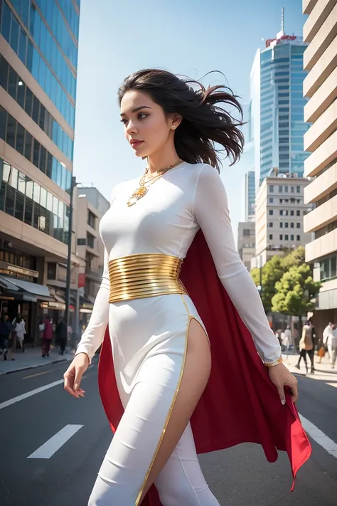 **Prompt:**  
Under the bright, golden sunlight of a clear day, a stunning superheroine strides confidently through the bustling streets of a sprawling metropolis. Her striking costume, crafted from a unique blend of soft cotton and high-tech fabric, combi...