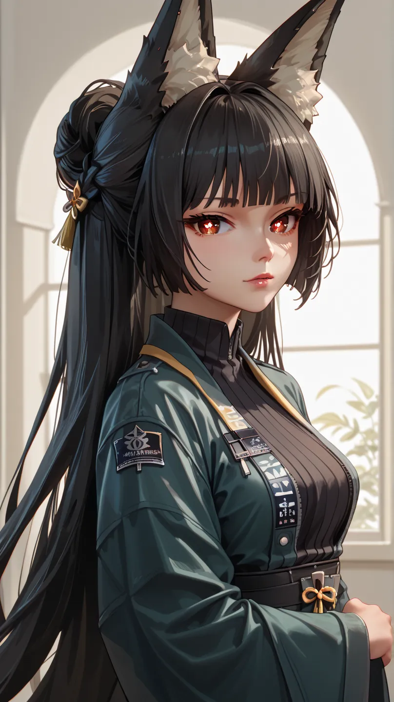 miyabihoshimi, miyabi hoshimi,animal ear fluff, animal ears, black hair, bright pupils, fox ears, fox girl, half updo, long hair, red eyes, sidelocks, white pupils, wearing black techno kunoichi suit,