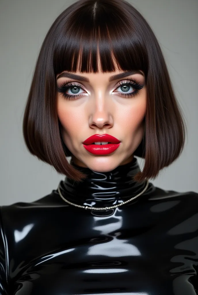 outrageously long and voluminous lash extensions., laughs a lot, Latex suit, diamond ear earrings, black hair,  bob hairstyle, black lips, bright red makeup