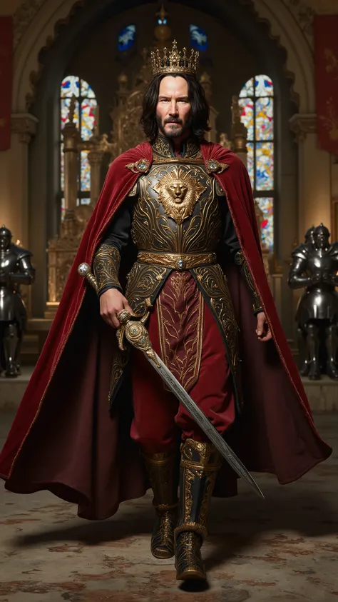 Keanu Reeves reimagined as a Medieval King walking and holding a longsword、dramatic atmosphere, 1 male、
Shoulder-length, wavy black hair, a well-groomed beard, and piercing dark eyes. His facial features are sharp and noble. A golden crown, adorned with ...
