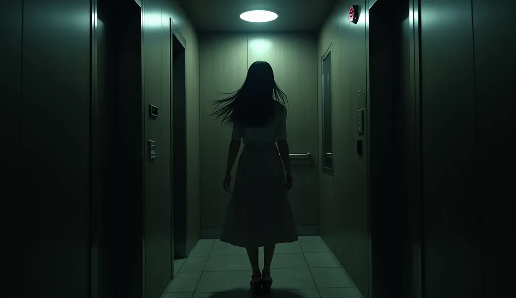 Full shot, Front view. A young Japanese woman with long black hair exiting an elevator on another floor at night. Cinematic. Dramatic lighting