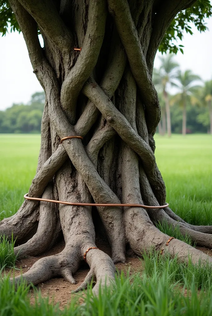 the root of a tree in the ground in iron and copper ties among field grass 