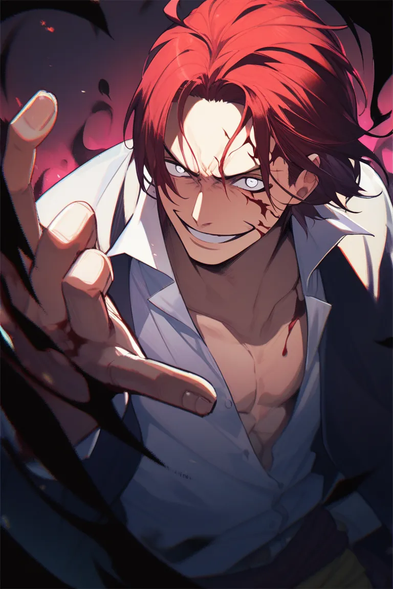 Shanks One Piece, Red and black aura, Scary look, White eyes, Blood, Dark fantasy, Dark shadows, Creepy smile, fast, one hand