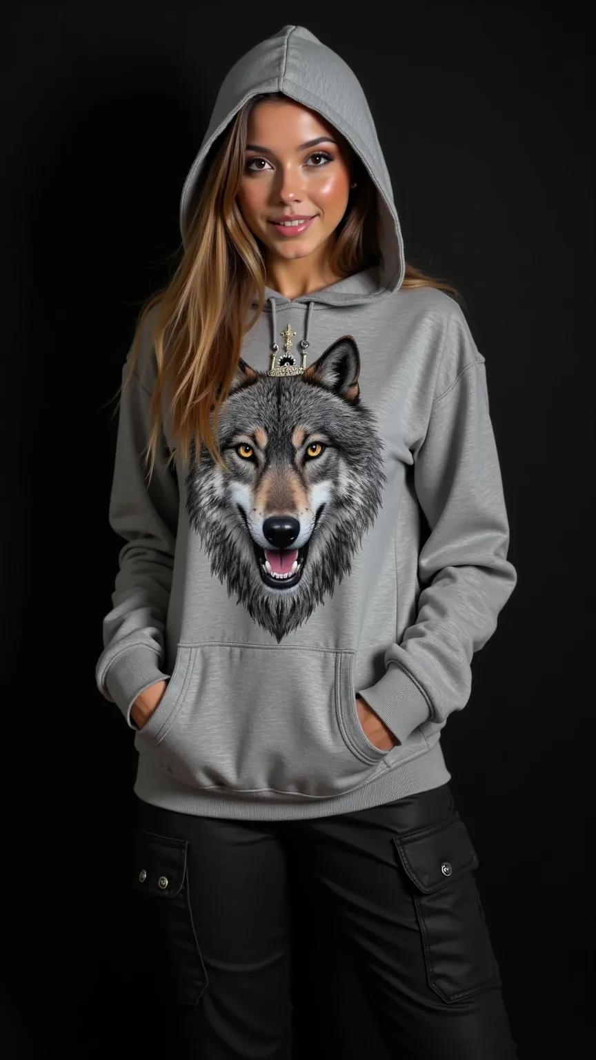  masterpiece, maximum quality, 12k, 8K,  camera:   in full body image  , with a beautiful smile and a challenging look, , and he's wearing an oversized gray hooded sweater with text "Femme Wolf  "  black with feminine letters with details adorned with a cr...