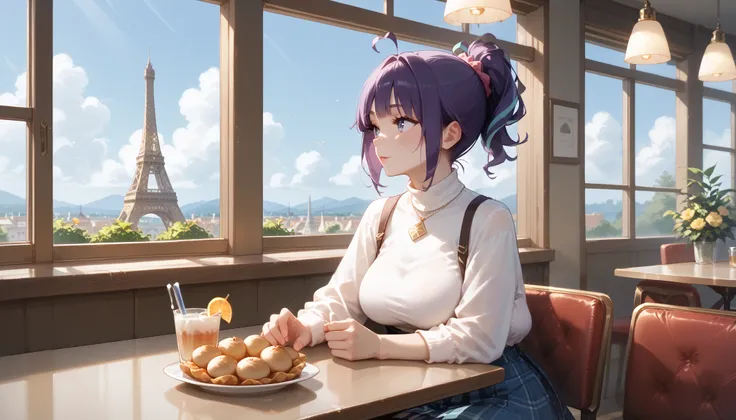 "A girl with a nice body and nice breasts sits at a vintage-style café with ornate decor. Her purple hair is styled in a chic bob, and she’s dressed in a fitted turtleneck and plaid skirt. She enjoys an espresso and a croissant while the Eiffel Tower glimm...