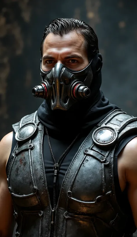 Chris Pratt is super realistic like Kabal, focus on the upper body, with a shiny metallic suit and striking details, and a striking background: "Hyper-realistic Close-up by Chris Pratt as Kabal, the ruthless runner and former member of the Black Dragon fro...