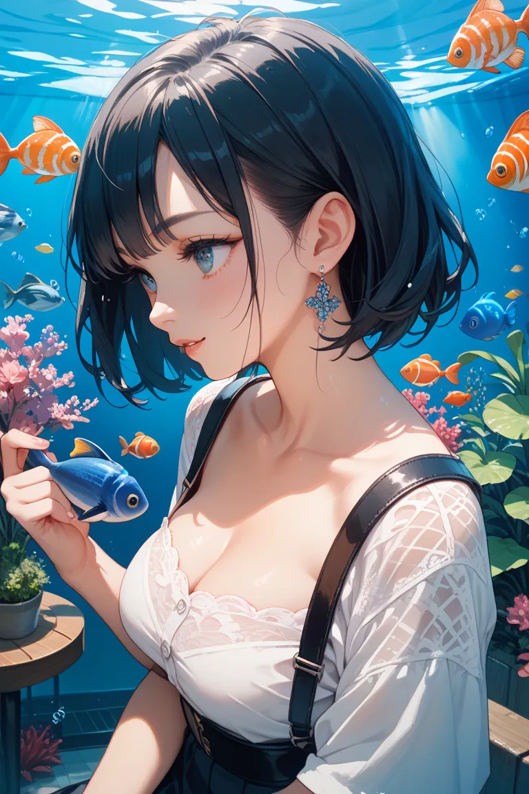    black hair　Japanese woman　erotic　I'm watching fish through the tank at the aquarium　profile　