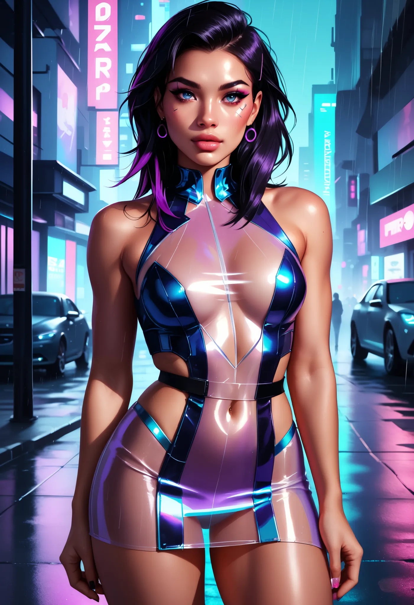 asian woman, purple streaked black hair, see-through clothes, short dress, seductive, assassin, detailed portrait, intricate facial features, piercing gaze, confident posture, stealthy movements, elegant attire, dramatic lighting, moody atmosphere, neon-in...