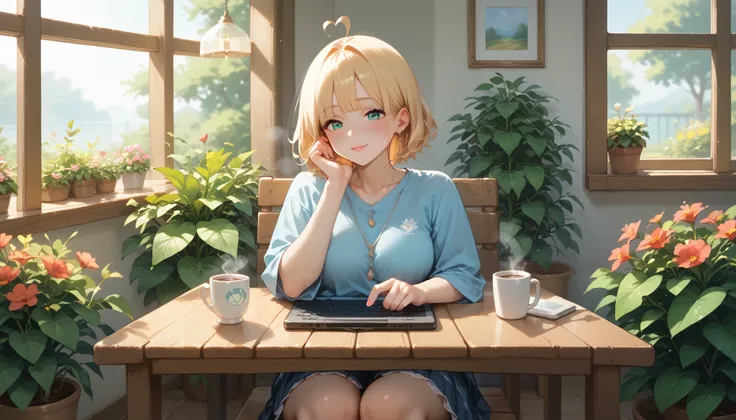 "A cozy outdoor seating area in front of a beautiful home garden, filled with lush green plants and colorful flowers. A woman sits at a small wooden table, gazing at her laptop screen with a relaxed expression. A steaming cup of coffee and her smartphone r...