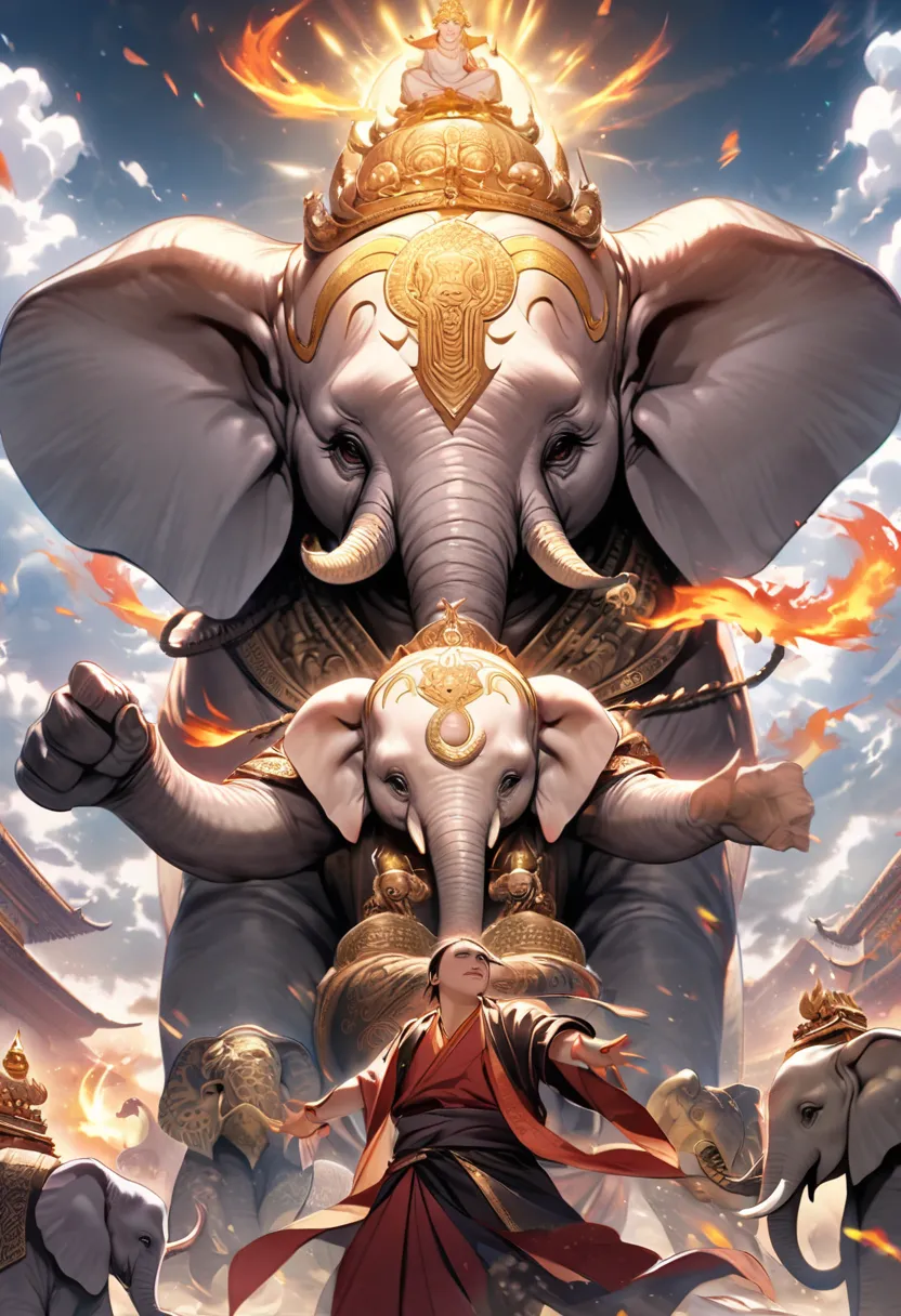 Mysterious Fire,  is fighting, God's Messenger Elephant, Mysterious elephant messenger, elephant, Buddhist atmosphere, Ganesha