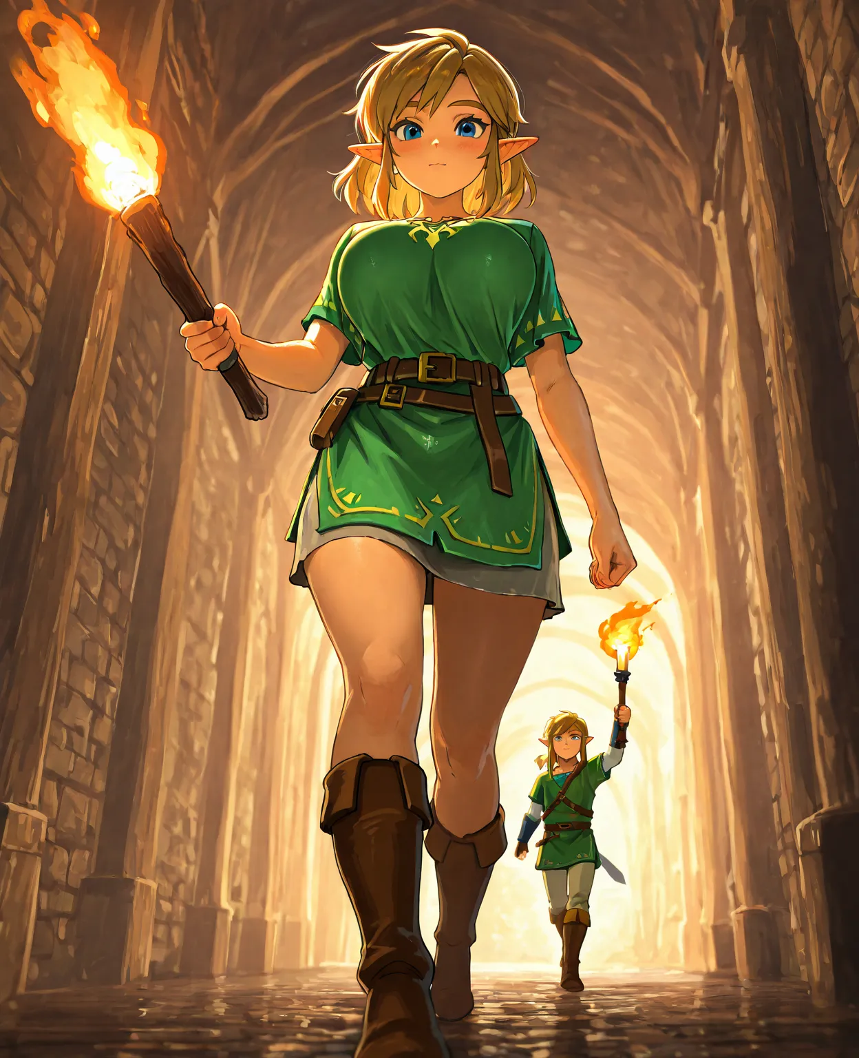 Masterpiece, Anatomically Correct,
confident walk, cinematic lighting, angled perspective, 

Genderbent mtf, link from zelda, girl, cute, genderbend, green tunic, tall boots, large breasts, young, holding a torch in one hand, stoic face, 