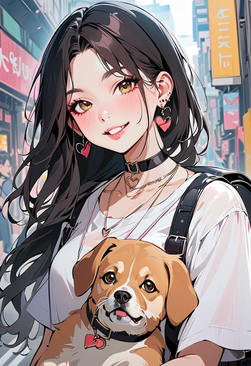 1girl, jewelry, choker, heart, necklace, black_hair, bag, solo, dog, long_hair,  , earrings, black_choker, backpack, smile, looking_at_viewer, shirt, heart_necklace, heart_choker, heart_earrings