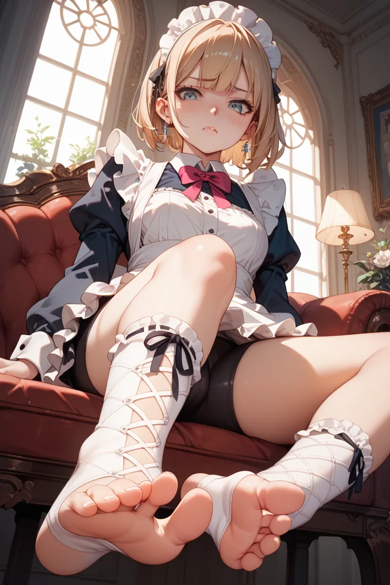 1 girl, maid, sitting, frilled socks, from below, soles, embarrassed, bike shorts, pouty lips, toeless legwear, cross-laced legwear, masterpiece, best quality, uncensored