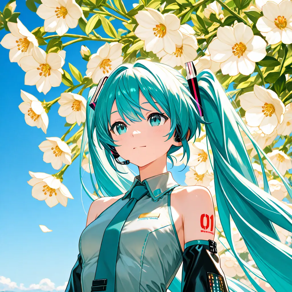 （（top quality））、（（masterpiece））、（（High Precision））、（（details））、Hatsune Miku、front、upper body、My chest is small and flat、I can see future cities very far、Spectacular scenery with depth、clear々bright, large, majestic blue sky with a great sense of perspective...