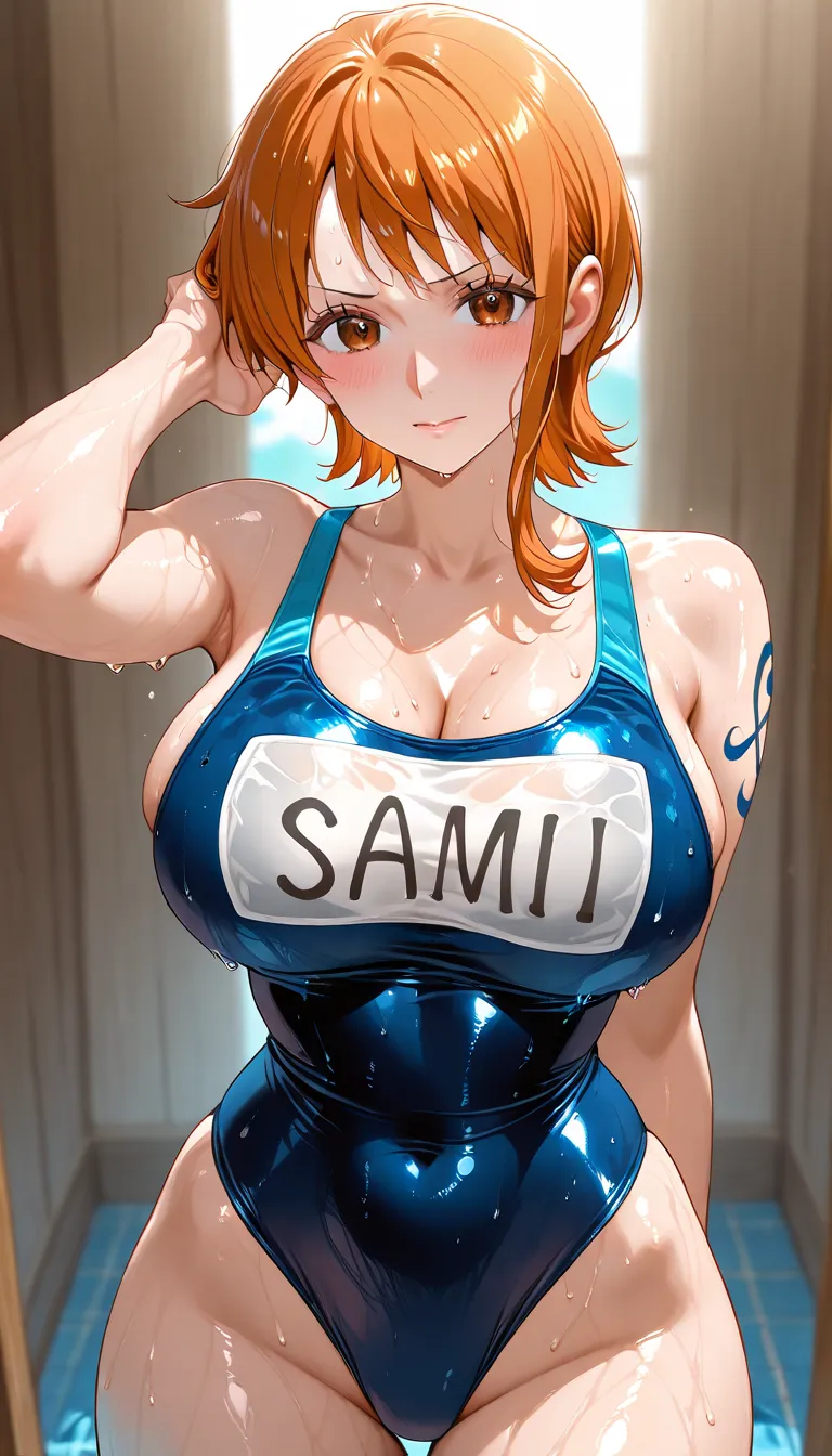 Nami Nude Anime One Piece A woman in a blue top is showing off her big figure, an anime drawing inspired by the anime One Piece. Wet swimsuit, Asuka's outfit under her clothes!, Wearing a swimsuit, Shiny wet skin!!, Sweaty skin, One-piece swimsuit, Swimsui...