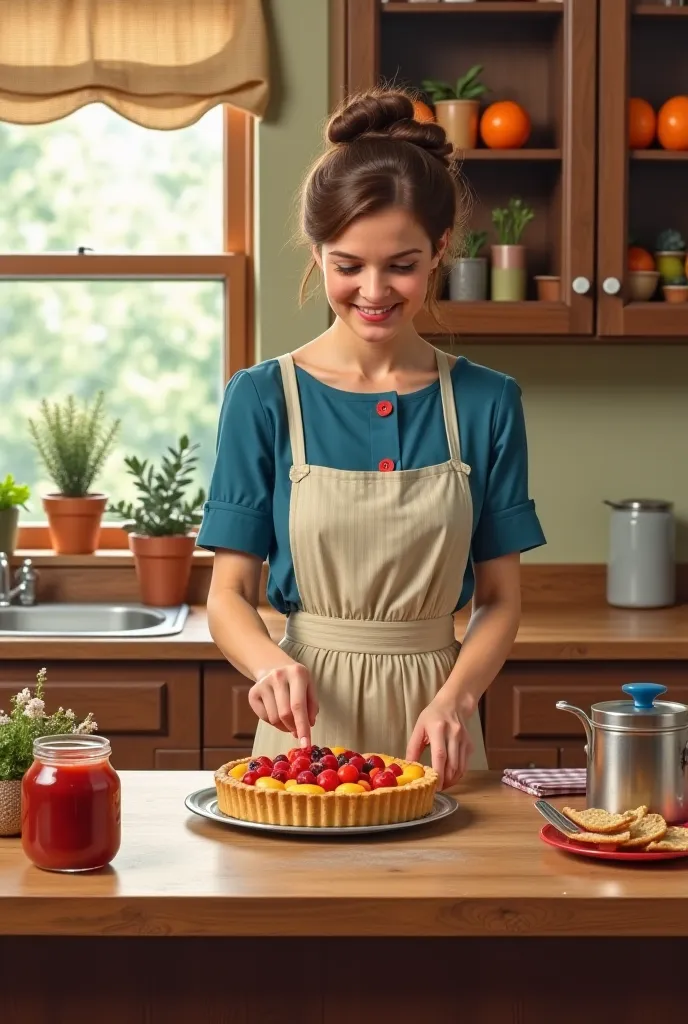 Photorealistic image in the 60's kitchen with mom behind a wooden counter with an apron caressing  in front of her who touches the fruit pie on the table with a finger.
 in blue dress tied hair background window with plants and fruits and oranges placed on...