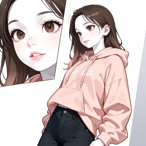 Girl, long brown hair, brown eyes, sharp features, white skin, light pink lips, beautiful, perfect, elegant, wearing a hoodie, pants, high resolution, clear colors. 