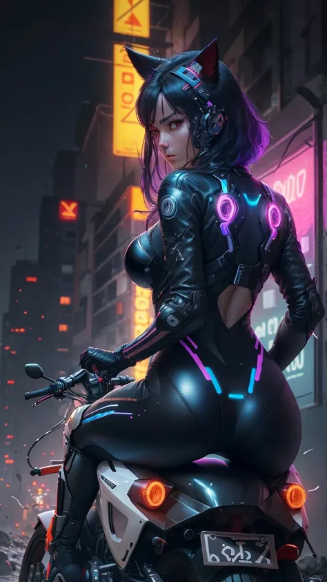 Alone , photo RAW, realistic, masterpiece, better quality, high resolution, ultra detailed, official arts, unity 8k wallpaper,  official wallpaper ,   dark environment , Chiaroscuro, celt, a girl,1 woman, hull, body, Black Body, tight skin,  Motorbike clot...