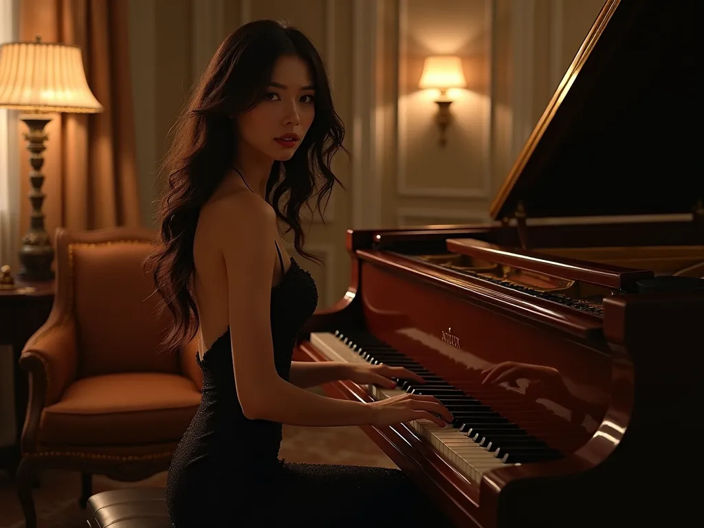 create a sexy girl sitting playing the piano