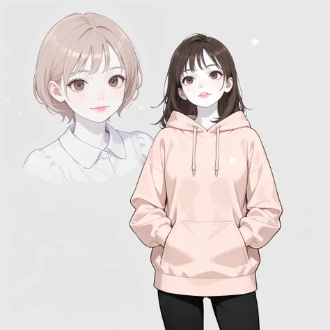 Girl, long brown hair, brown eyes, sharp features, white skin, light pink lips, beautiful, perfect, elegant, wearing a hoodie, pants, high resolution, clear colors. 