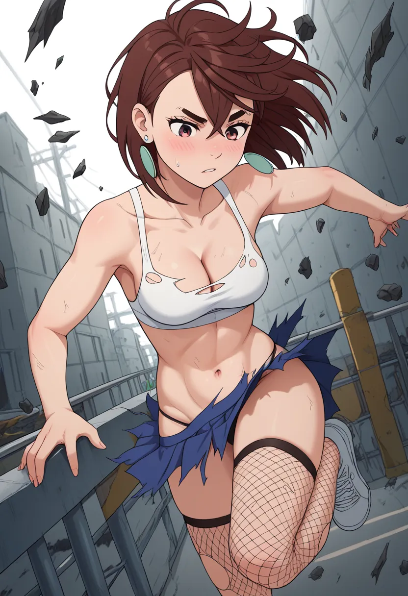 momo ayase, short hair, brown hair, brown eyes, bangs, thick eyebrows, medium breasts,,、CLEAVAGE, , earrings, blush, cleavage, in an onyx black torn poncho top with a deep plunge past her lower torso, shredded and chaotic, with spiked garters and fishnet s...