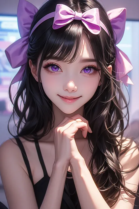 1girl, solo, bracelet, jewelry, black_hair, hands_on_own_face, smile, bow, hands_on_own_cheeks, long_hair, portrait, hair_bow, looking_at_viewer, purple_eyes, k-pop