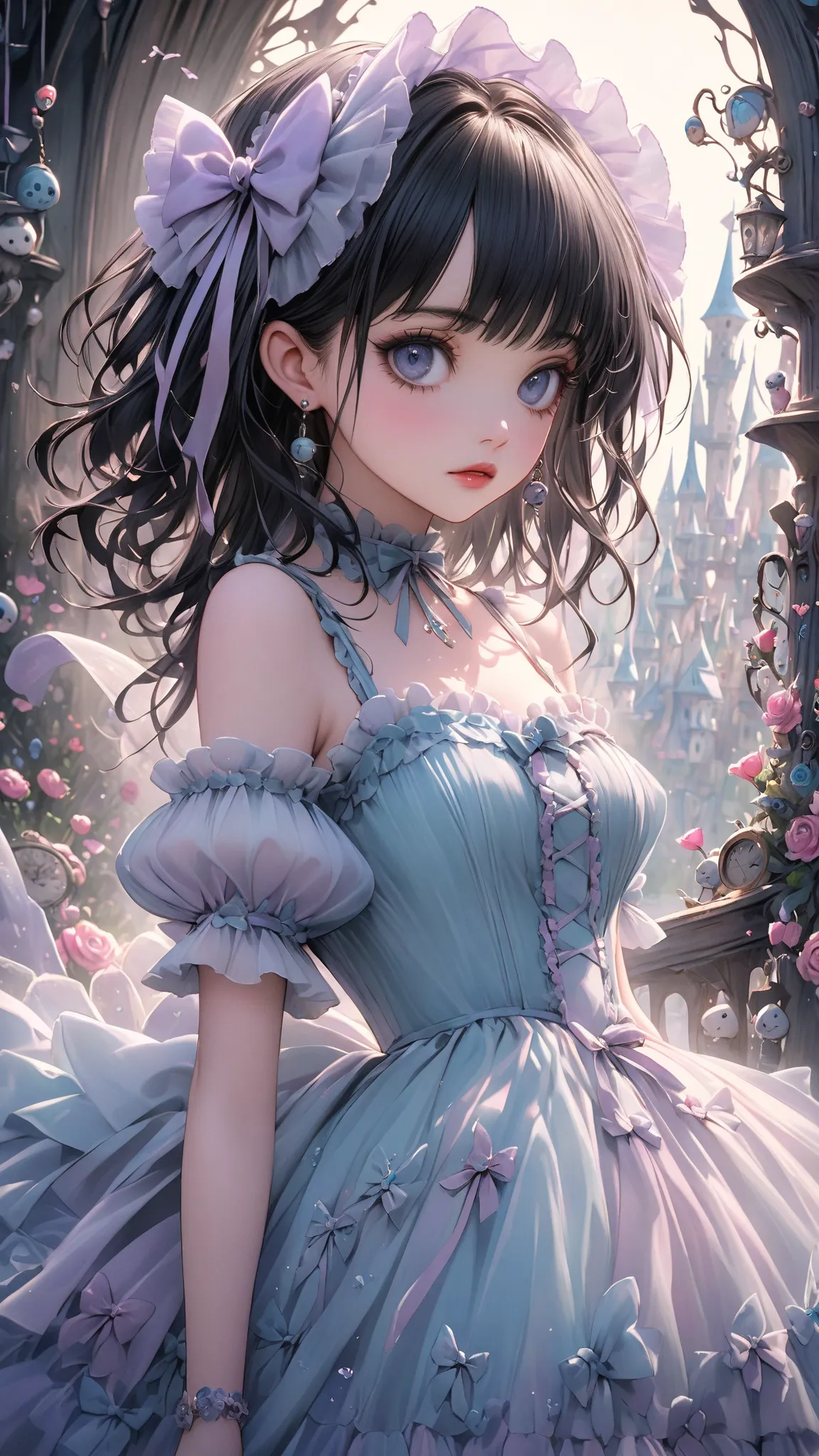   very realistic 、high quality texture、high resolution、top quality、 black hair、 details、 Tim Burton Style、  pastel 、 gorgeous、chiffon lolita dress、 upper body、  Wonderland  、  clear、