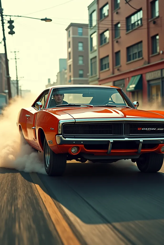 Dodge Charger 1970, therefore, Running sideways, With a man with his head outside the window