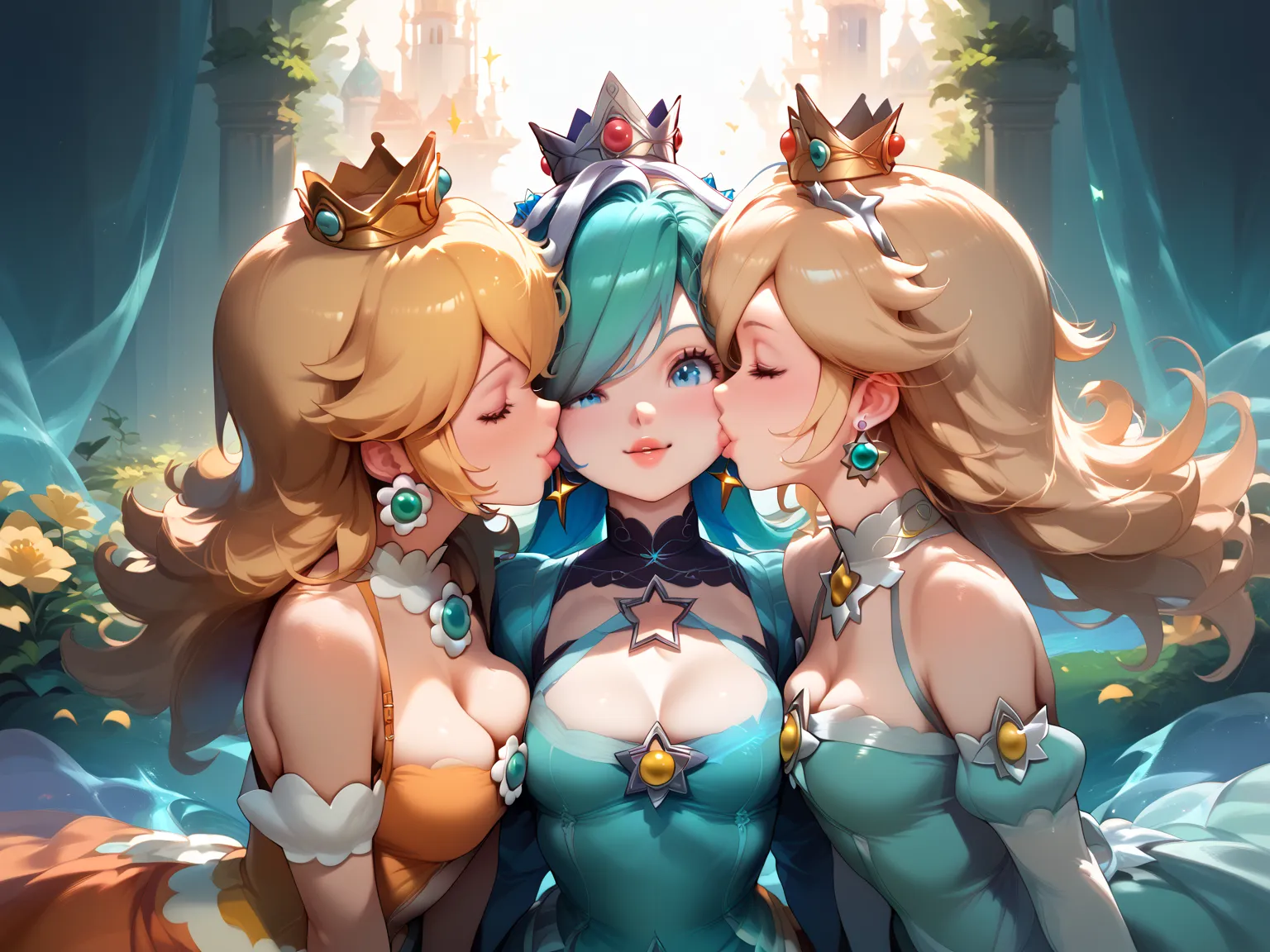 masterpiece, high resolution , best quality,8k,
(( Three women )),
(Princess Peach),
( princess Rosalina ), ( princess daisy ),
kiss, smile,