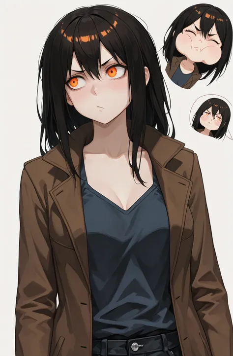 1girl , (solo),medium breasts:0.8, postal, brown coat, bright orange eyes, Beautiful eyes, dark blue tank top , bare torso, brown long hair ,  (the brown big center of the eye), (completely white background), black jeans, shy, ((Masterpiece)), ((highest qu...