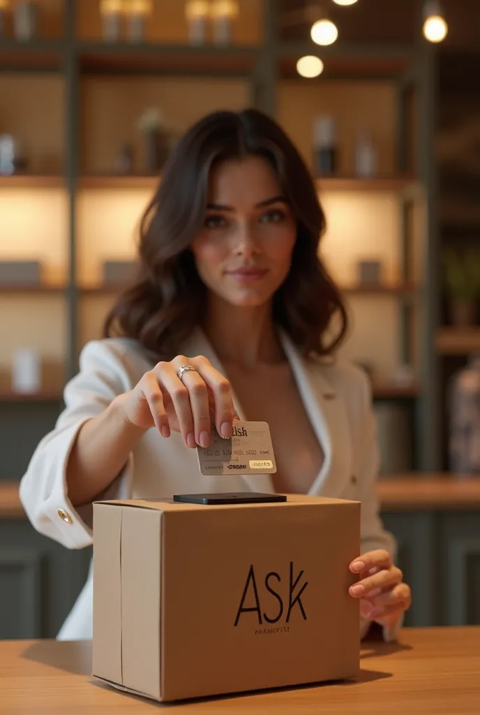 Luxury store , Beautiful brunette woman holding contactless card paying, in a small compact modern card machine over the counter. The small cardboard machine with Logo *ASK Payments * visible 