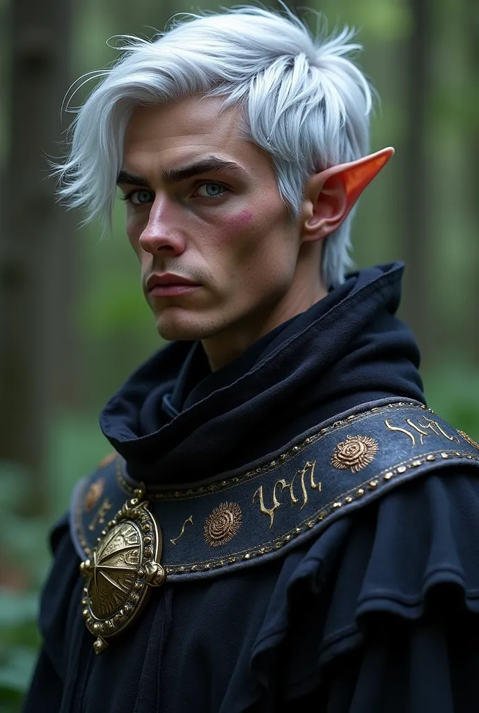 Kaelion has short silver hair on the ruler and darker skin and eyes that shine slightly in a lilac shade when she uses magic. His face has striking elvish features, and he wears a dark robe adorned with ancient runes.