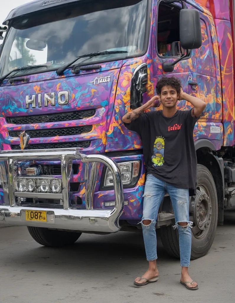 A handsome young Indonesian man with short, messy hair stands leaning against a luxurious and ornate Hino truck. The truck is painted in a colorful design, mostly a shiny metallic purple. He is wearing a loose black T-shirt with a cartoon Minion with the w...