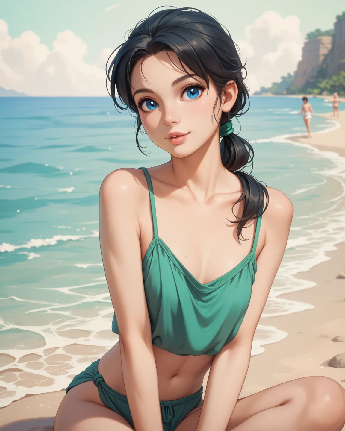 1girl, greek girl, young, cute, black hair, loose straight ponytail, blue eyes, lips, slim body, nice body, good chest, greenish-blue longsleeved surfer top, at the beach, best quality, masterpiece