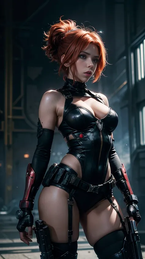 Mylene FARMER, black stockings, Furry girl with sexy woman,  In this captivating image, the central female character (Scarlett Johansson, beautiful face), red straight short hair, exudes Confident Call of Duty operator, wearing full delta force black tacti...