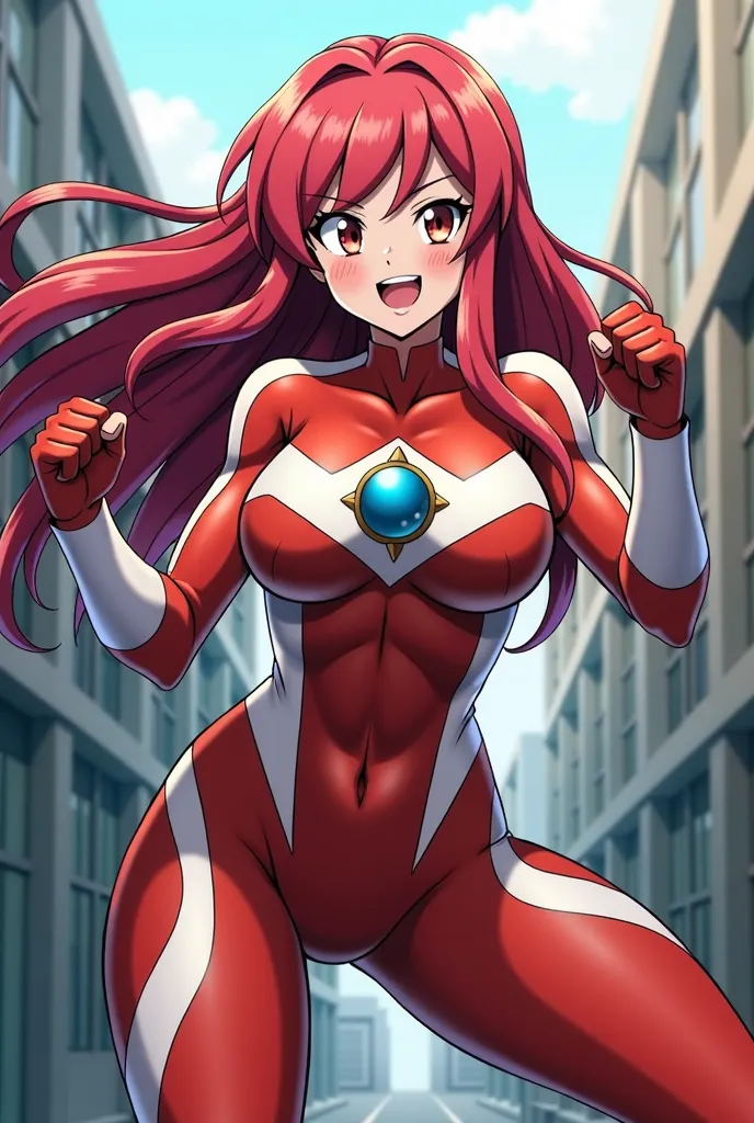 My Hero Academia Style , Anime girl, female, young female ,Full Body Shot,(fighting Pose:2),Long hair, Red Hair,  Brown Eyes,Hero Suit, Full Body Suit, red suit with white details,small round blue jewel in the center of the chest, perfect anatomy,  Toughen...