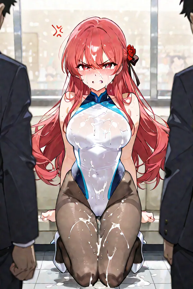 anime　illustration for both eyes　gal　A beautiful girl is being raped　There are multiple men around　crying face　angry expression on the face　Facial　bukkake　I have semen all over my body　pantyhose　red transparent competitive swimsuit　long hair　high heels