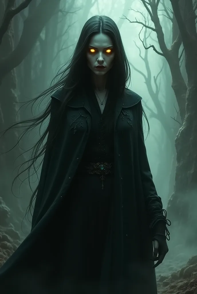 Create the image of the first dark witch in the realms of magic, pale skin and deep yellow eyes that glow in the dark. 