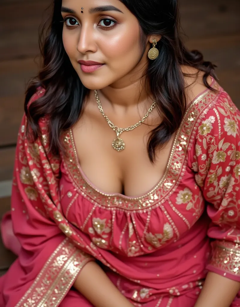 Wearing a beautiful kurta,showing clevage by leaning front,downblouse,wearing a beautiful ornaments