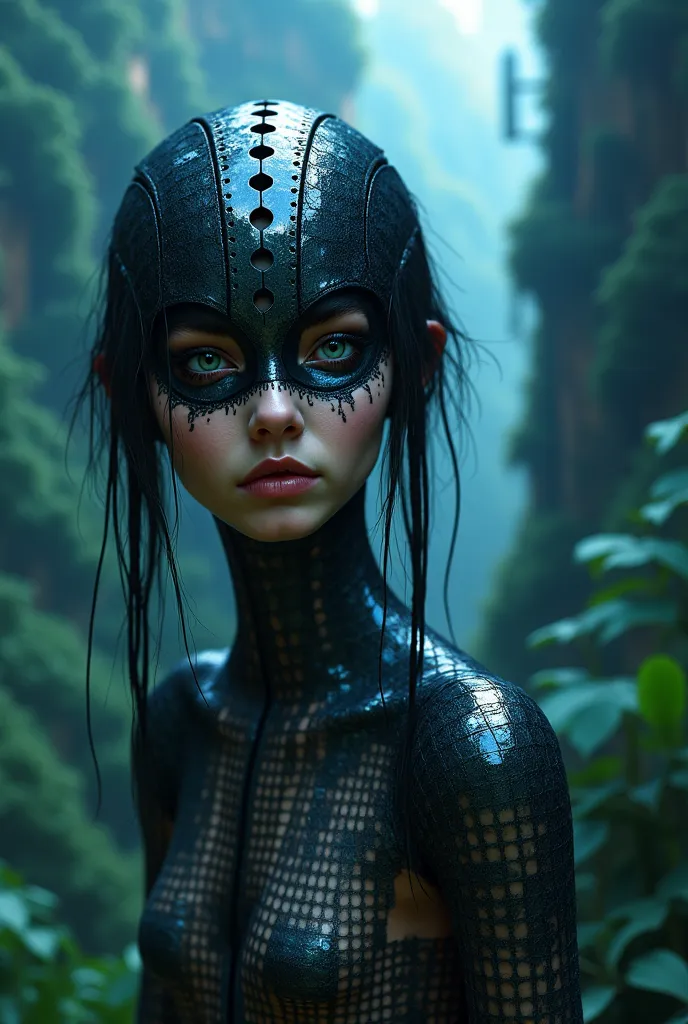 Jungle, iridescent skin camoflaged ,,Closeup on eyes,Closeup, looking to viewer ,alien jungle,Discarded Marionette,hexagonal see through bodysuit  ,Haliee steinfeld,blue sky,Gothic style,misty,futuristic forest architecture ,Neo futurism,large futuristic b...