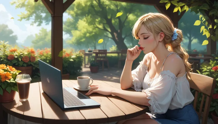 "A serene front yard garden with a cozy seating area, featuring a wooden table and comfortable chairs. A woman is sitting leisurely, sipping her coffee as she focuses on her laptop. Her smartphone rests nearby. The gentle breeze moves the leaves, and the s...
