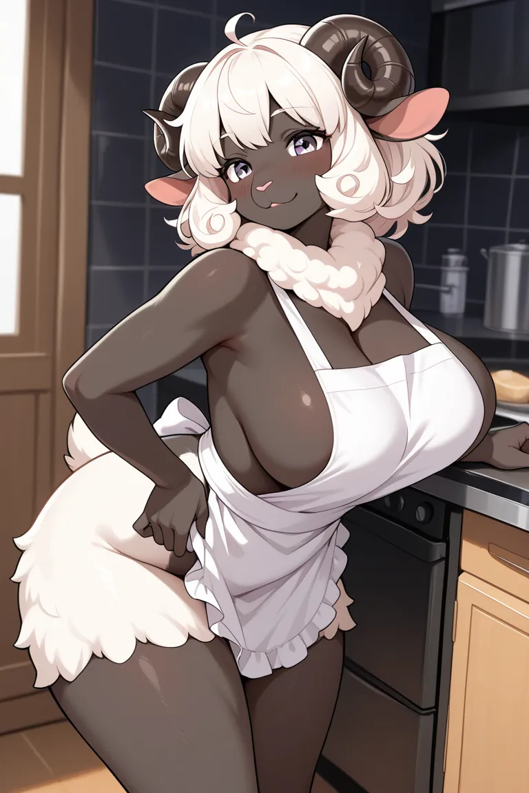 Furry woman sheep, naked, apron,