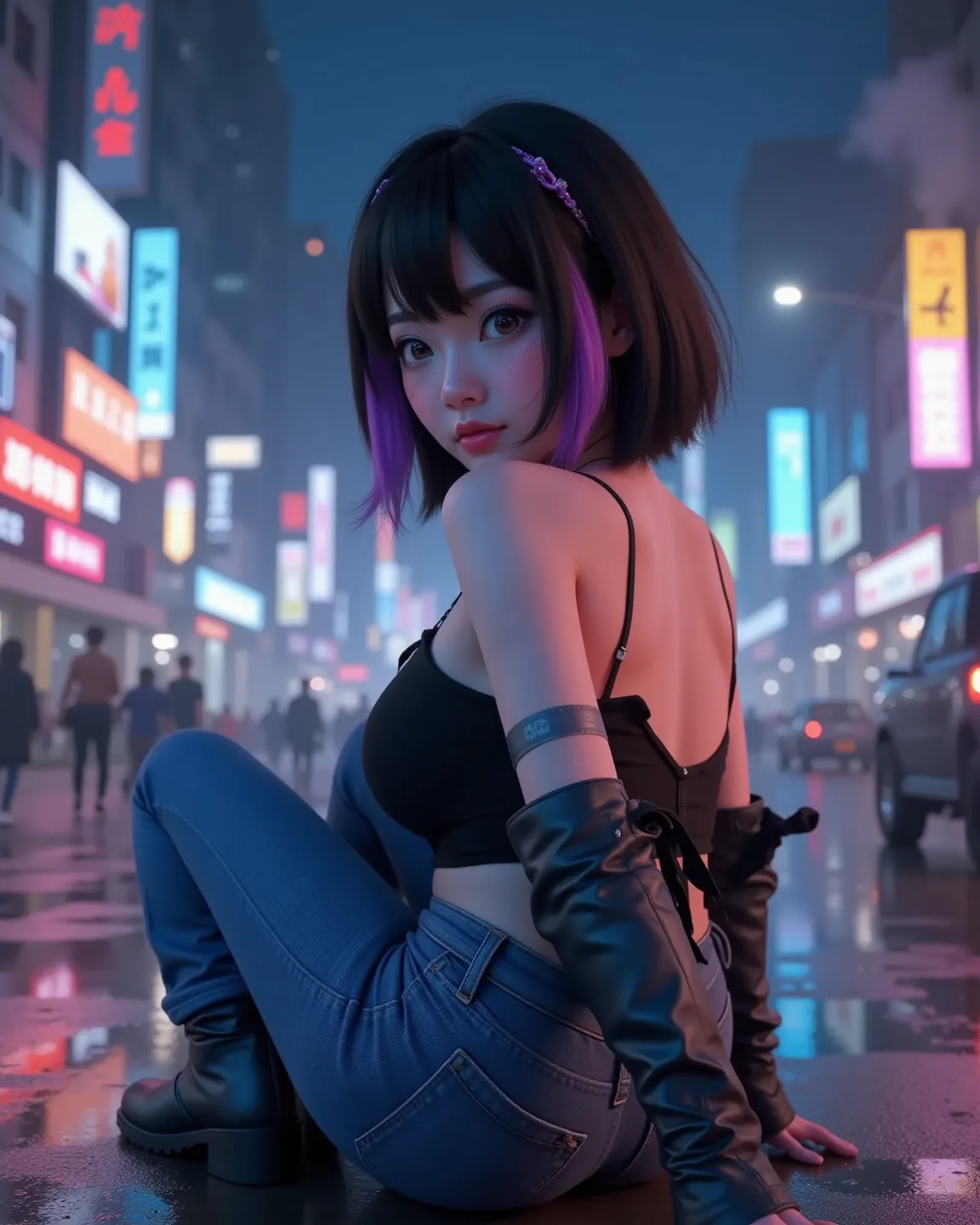 3d hyperrealistic.  Woman, 20 years, Korean, detailed realistic small eyes,  light brown. short black hair with purple wigs. freckles on the face. freckles.
 wearing jeans. black boot.
Pose half sideways
On the street of a city, at night. neon lights in th...