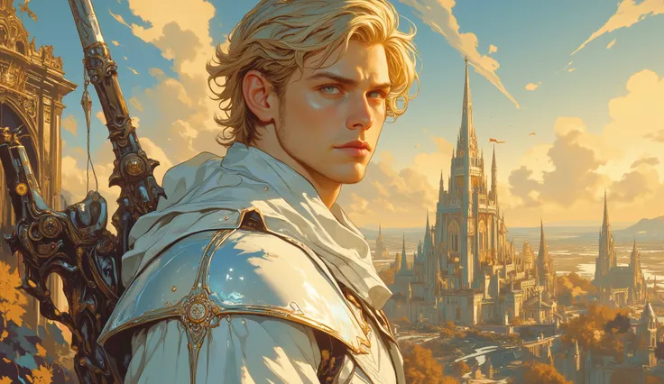 intricate linework with expressive contrasts, soft lighting with dynamic highlights, Impressionistic, ligne claire outlines for clarity and structure, In the style of ff-td, this digital artwork portrays an fantasy paladin man, bioluminescent short hair, b...
