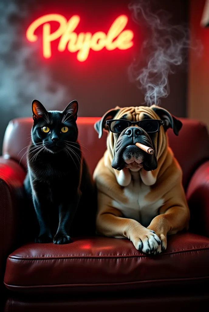 A cool cat and a tough dog sitting side by side on a vintage leather sofa, both smoking cigarettes. The cat is sleek and black, wearing sunglasses, with a calm and mysterious expression. The dog, a muscular bulldog, has a cigar in its mouth, exhaling smoke...