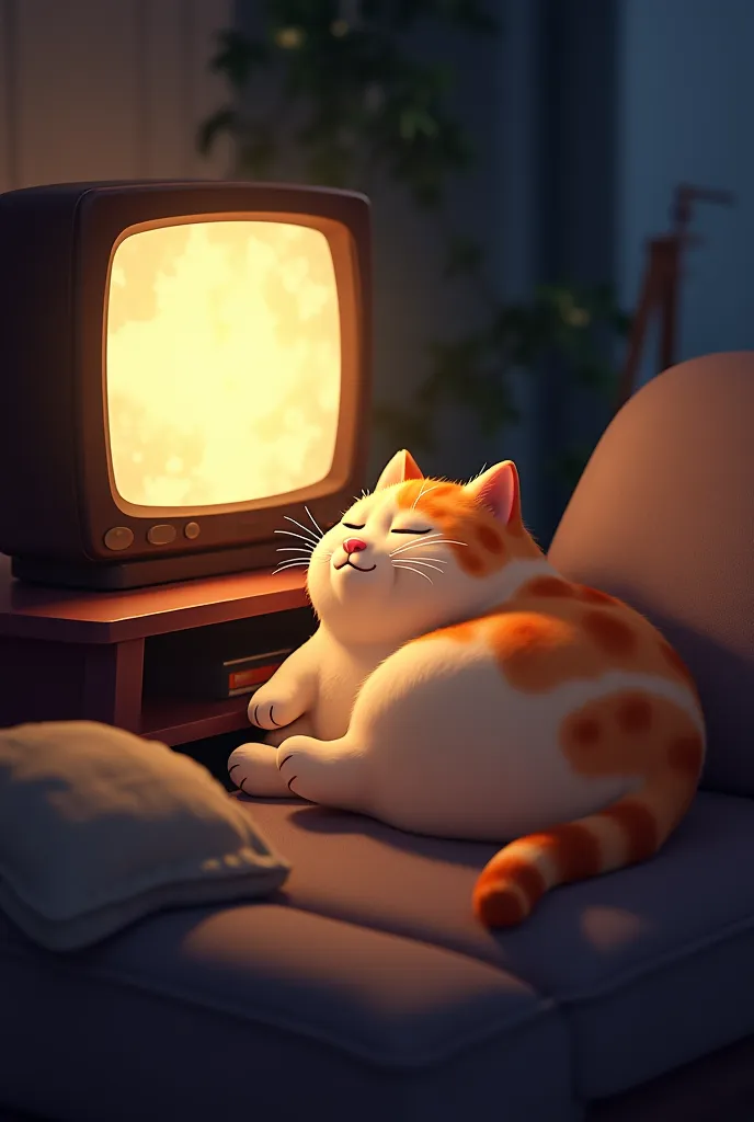 Make the fat cat fall asleep watching TV at night